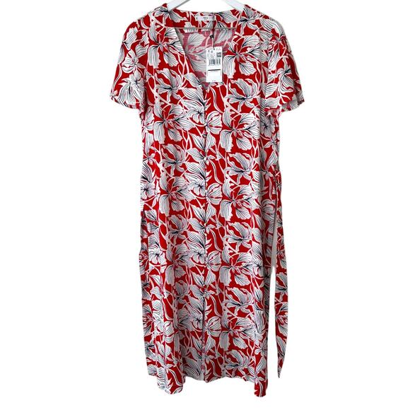 Mango Red Floral Wrap Midi Dress Short Sleeve Tie Waist Size Medium - Picture 2 of 10